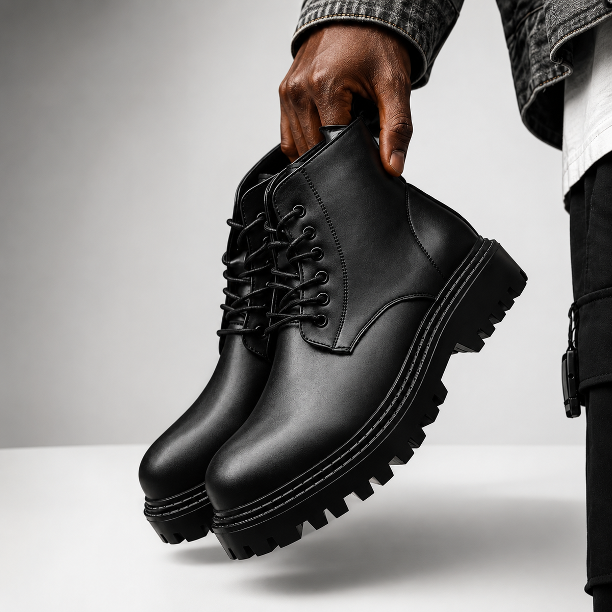 Black Leather Lug Sole Boots